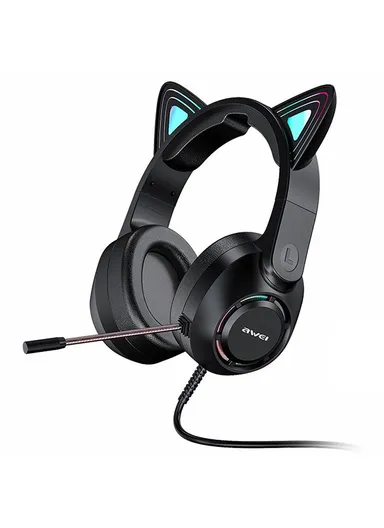 Cat Ear USB Wired Gaming Headphone Cool Light Over-Ear Headset with Microphone GM-9 - Black