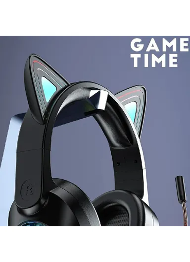 Cat Ear USB Wired Gaming Headphone Cool Light Over-Ear Headset with Microphone GM-9 - Black