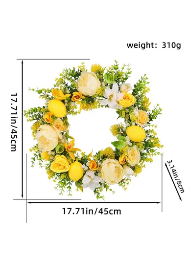 Yellow Rose &amp; Lemon Artificial Wreath European Style Door Hanging Decor Photo Prop (L45 x W45 x D8)cm