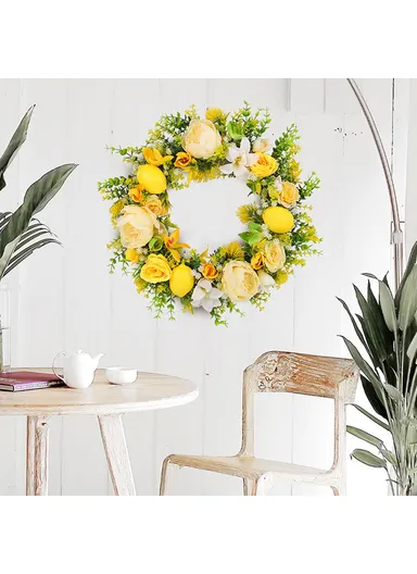Yellow Rose &amp; Lemon Artificial Wreath European Style Door Hanging Decor Photo Prop (L45 x W45 x D8)cm