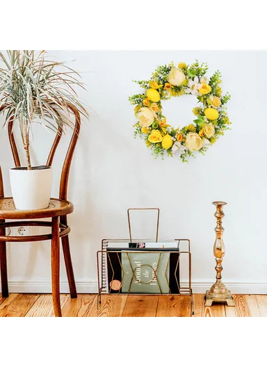 Yellow Rose &amp; Lemon Artificial Wreath European Style Door Hanging Decor Photo Prop (L45 x W45 x D8)cm