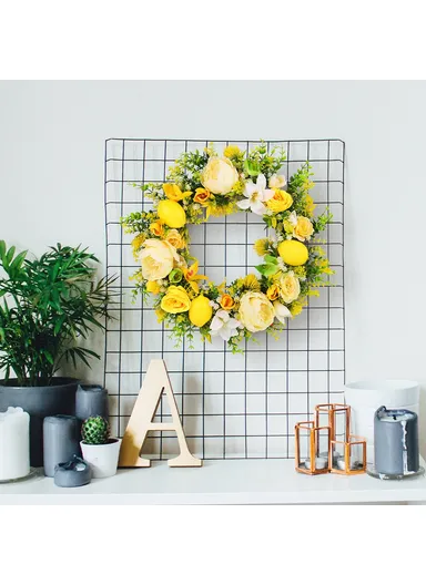 Yellow Rose &amp; Lemon Artificial Wreath European Style Door Hanging Decor Photo Prop (L45 x W45 x D8)cm