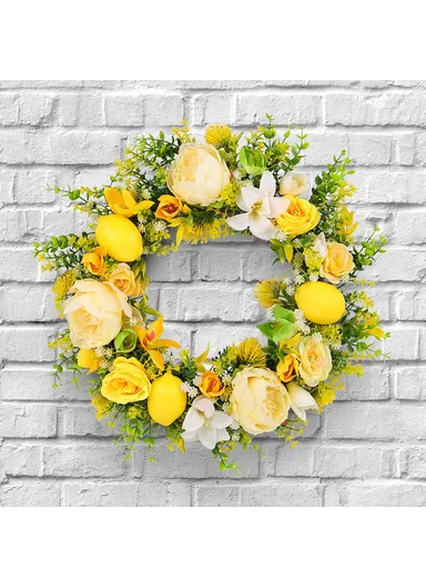 Yellow Rose &amp; Lemon Artificial Wreath European Style Door Hanging Decor Photo Prop (L45 x W45 x D8)cm