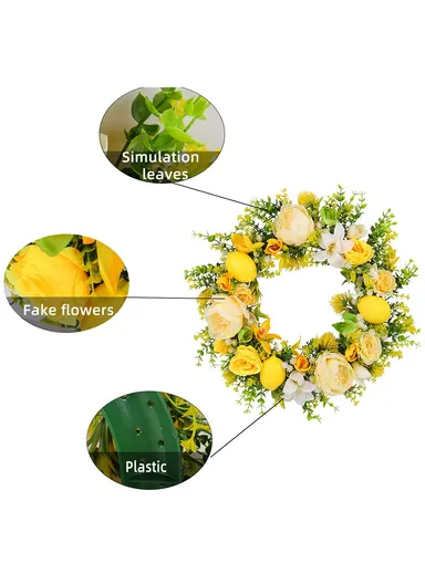 Yellow Rose &amp; Lemon Artificial Wreath European Style Door Hanging Decor Photo Prop (L45 x W45 x D8)cm