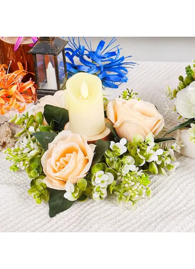 Romantic Artificial Rose Flower Ornament for Candle Holder Decoration Festival Centerpiece (L23 x W23 x D7)cm - Orange