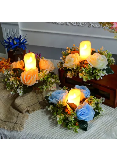 Romantic Artificial Rose Flower Ornament for Candle Holder Decoration Festival Centerpiece (L23 x W23 x D7)cm - Orange