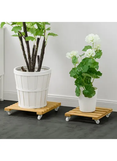 Square Flower Pot Holder Tray with Wheels Bamboo Roller Base GLTPNZHJ (D25 x H25)cm - Size S
