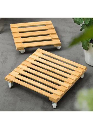 Square Flower Pot Holder Tray with Wheels Bamboo Roller Base GLTPNZHJ (D25 x H25)cm - Size S