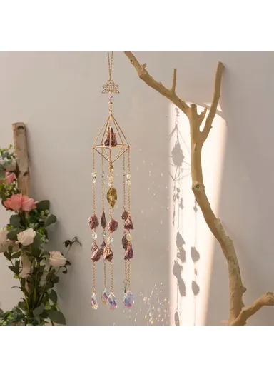 Natural Crystal Gravel Pendant Sun Catcher Garden Balcony Wind Chime Hanging Ornament (L60)cm - Purple