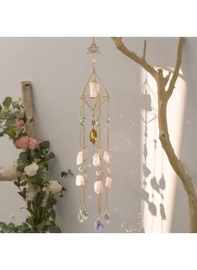 Natural Crystal Gravel Pendant Sun Catcher Garden Balcony Wind Chime Hanging Ornament (L60)cm - Pink