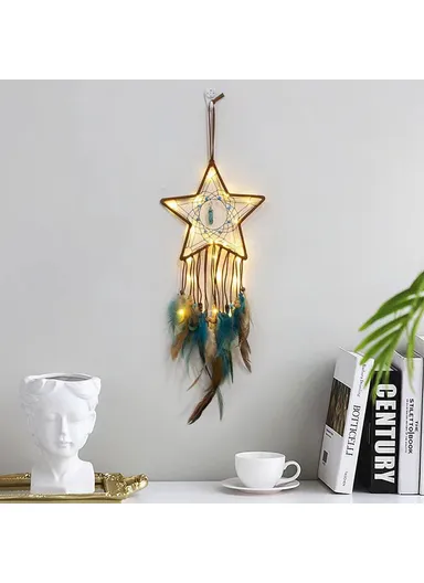 Energy Stone Pendant Feather Dream Catcher Hanging Decor Home Wall Ornament with LED Light Strip (L55)cm - Star