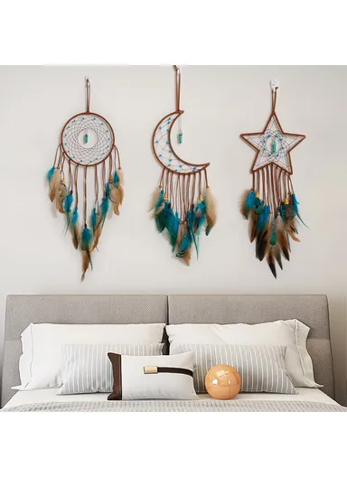 Energy Stone Pendant Feather Dream Catcher Hanging Decor Home Wall Ornament with LED Light Strip (L55)cm - Star