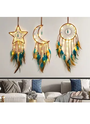 Energy Stone Pendant Feather Dream Catcher Hanging Decor Home Wall Ornament with LED Light Strip (L55)cm - Star