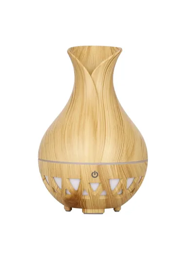 160ml 3W Vase Shape Humidifier Colorful Light Wood Grain Hollow Essential Oil Diffuser EU Plug (L9.5 x W15)cm - Brown