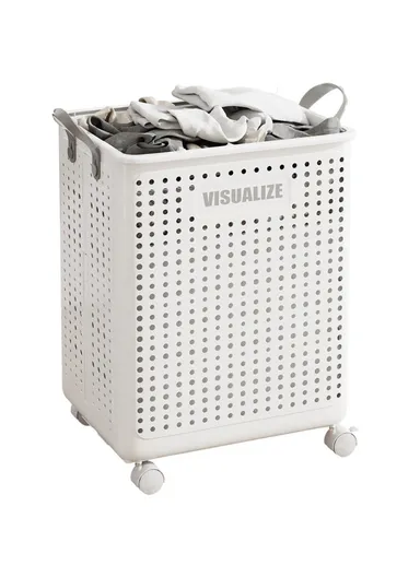 VISUALIZE Hollow Design Foldable Laundry Basket Dirty Clothes Storage Cart with Handles and Wheels, Size M - Ivory White