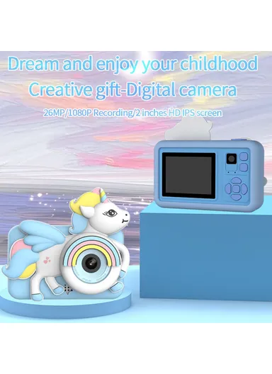 400mAh Cartoon Design 2-inch Screen Children HD Dual Lens Camera with Tripod + 32G TF Card + Card Reader D32 - Blue