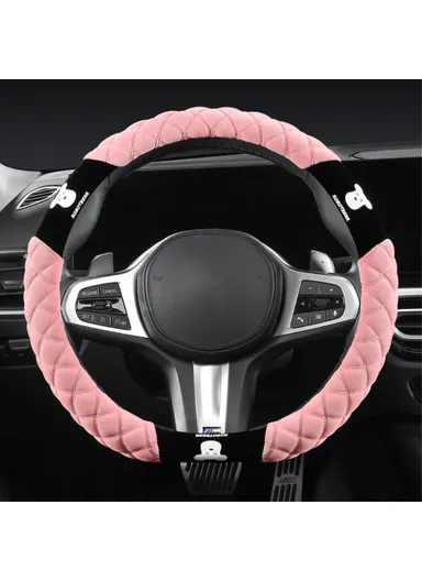 38cm D-shape Car Steering Wheel Cover Winter Fluffy Bear Steering Wheel Protector - Pink
