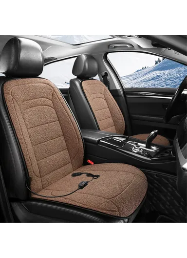2Pcs 12V Electric Heated Car Seat Cushion Back Cover Winter Heating Seat Pad - Brown