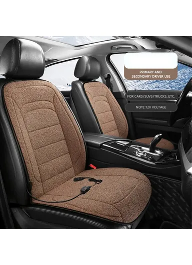 2Pcs 12V Electric Heated Car Seat Cushion Back Cover Winter Heating Seat Pad - Brown