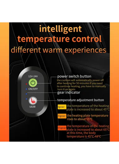 12V / 24V Single Seat Car Cigarette Lighter Heated Seat Cushion Chair Heating Pad with 3 Heat Settings - Black