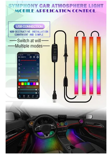 150 mA 4Pcs Car 72LED Underglow Light Multi-color Bluetooth APP Control USB Car Decorative Lamp Underbody LED Strip Lights N2U-72 