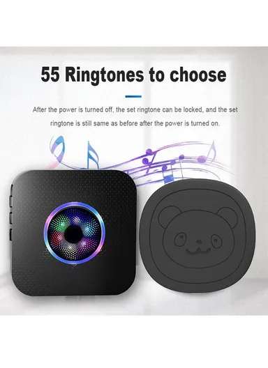 Wireless Door Bell Elderly Care Flashing Adjustable Volume Home Doorbell, 2 Transmitter+1 Receiver - EU Plug N65Q-2T1 - Black