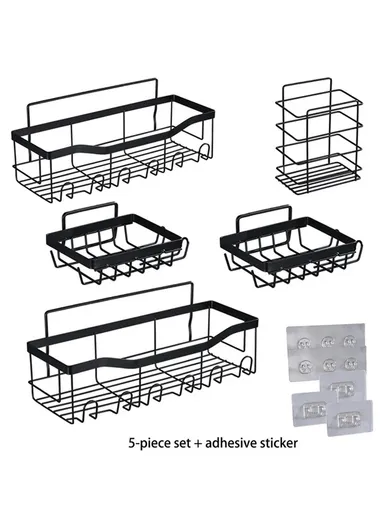 5Pcs / Set 6-Hook Style Punch-Free Carbon Steel Storage Basket Bathroom Draining Organization Rack