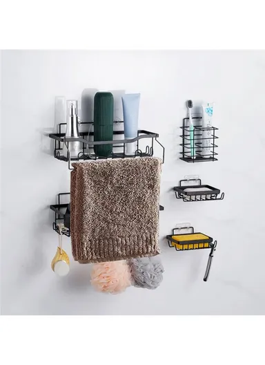 5Pcs / Set 6-Hook Style Punch-Free Carbon Steel Storage Basket Bathroom Draining Organization Rack