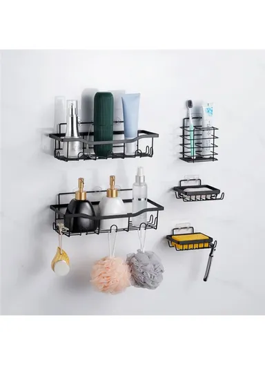 5Pcs / Set 6-Hook Style Punch-Free Carbon Steel Storage Basket Bathroom Draining Organization Rack