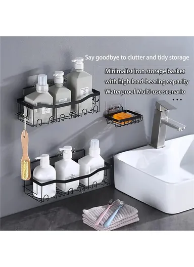 5Pcs / Set 6-Hook Style Punch-Free Carbon Steel Storage Basket Bathroom Draining Organization Rack