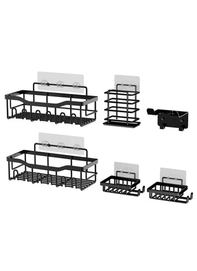 6Pcs / Set 6-Hook Style Punch-Free Carbon Steel Storage Basket Bathroom Draining Organization Rack