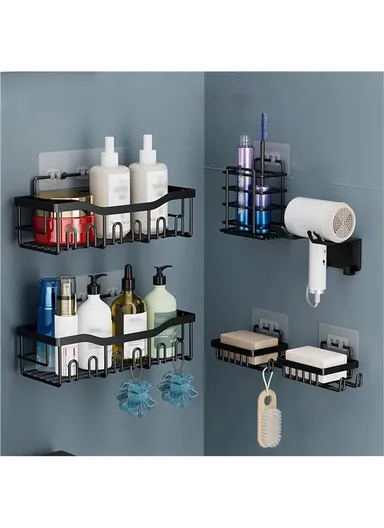 6Pcs / Set 6-Hook Style Punch-Free Carbon Steel Storage Basket Bathroom Draining Organization Rack