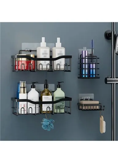 6Pcs / Set 6-Hook Style Punch-Free Carbon Steel Storage Basket Bathroom Draining Organization Rack