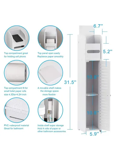 Single Door 80x15x17cm Bathroom Gap PVC Storage Cabinet Toilet Paper Holder Toilet Side Floor Cabinet