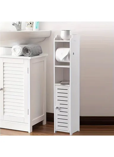 76x17x17cm Single Door with 1 Scroll Bathroom Gap PVC Storage Cabinet Toilet Paper Holder Toilet Side Floor Cabinet - White