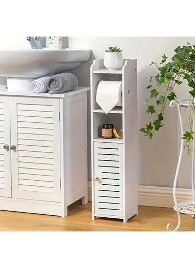 76x17x17cm Single Door with 1 Scroll Bathroom Gap PVC Storage Cabinet Toilet Paper Holder Toilet Side Floor Cabinet - White
