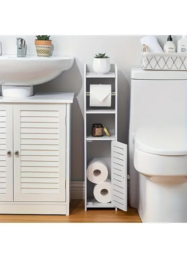 76x17x17cm Single Door with 1 Scroll Bathroom Gap PVC Storage Cabinet Toilet Paper Holder Toilet Side Floor Cabinet - White