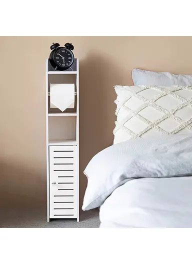 76x17x17cm Single Door with 1 Scroll Bathroom Gap PVC Storage Cabinet Toilet Paper Holder Toilet Side Floor Cabinet - White