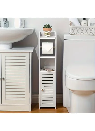 76x17x17cm Single Door with 1 Scroll Bathroom Gap PVC Storage Cabinet Toilet Paper Holder Toilet Side Floor Cabinet - White