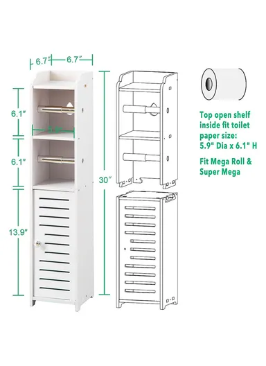 76x17x17cm Single Door with 2 Scroll Bathroom Gap PVC Storage Cabinet Toilet Paper Holder Toilet Side Floor Cabinet