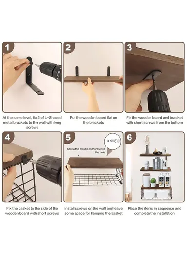 Wall Mounted Suspended Partition Wooden Board Iron Wire Basket Bathroom Living Room Storage Rack - Black