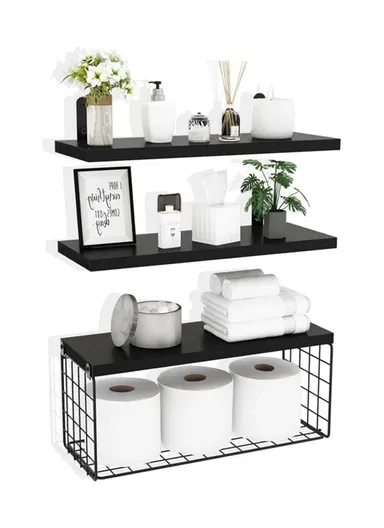 Wall Mounted Suspended Partition Wooden Board Iron Wire Basket Bathroom Living Room Storage Rack - Black