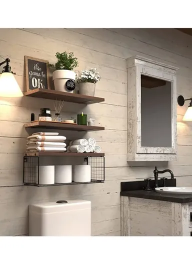 Wall Mounted Suspended Partition Wooden Board Iron Wire Basket Bathroom Living Room Storage Rack - Dark Wood Color