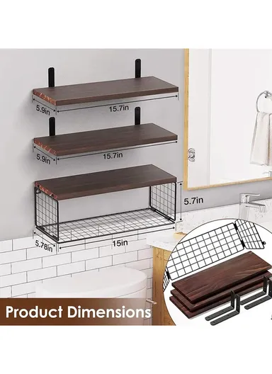 Wall Mounted Suspended Partition Wooden Board Iron Wire Basket Bathroom Living Room Storage Rack - Dark Wood Color