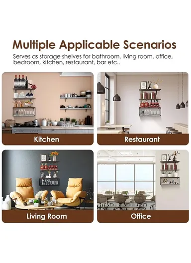Wall Mounted Suspended Partition Wooden Board Iron Wire Basket Bathroom Living Room Storage Rack - Dark Wood Color