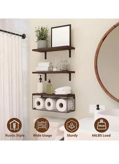 Wall Mounted Suspended Partition Wooden Board Iron Wire Basket Bathroom Living Room Storage Rack - Dark Wood Color