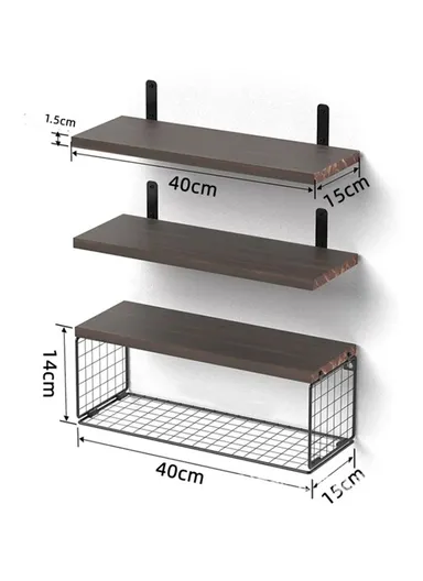 Wall Mounted Suspended Partition Wooden Board Iron Wire Basket Bathroom Living Room Storage Rack - Dark Wood Color