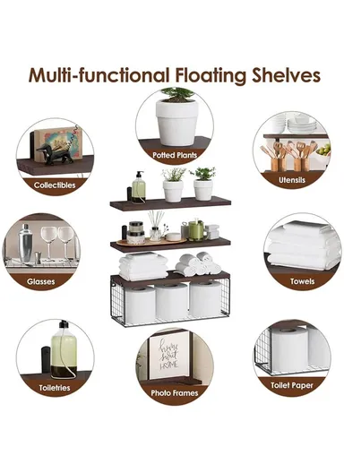 Wall Mounted Suspended Partition Wooden Board Iron Wire Basket Bathroom Living Room Storage Rack - Dark Wood Color