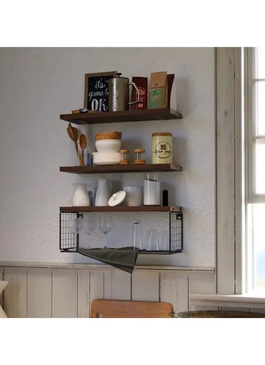 Wall Mounted Suspended Partition Wooden Board Iron Wire Basket Bathroom Living Room Storage Rack - Dark Wood Color