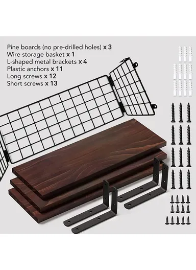 Wall Mounted Suspended Partition Wooden Board Iron Wire Basket Bathroom Living Room Storage Rack - Dark Wood Color